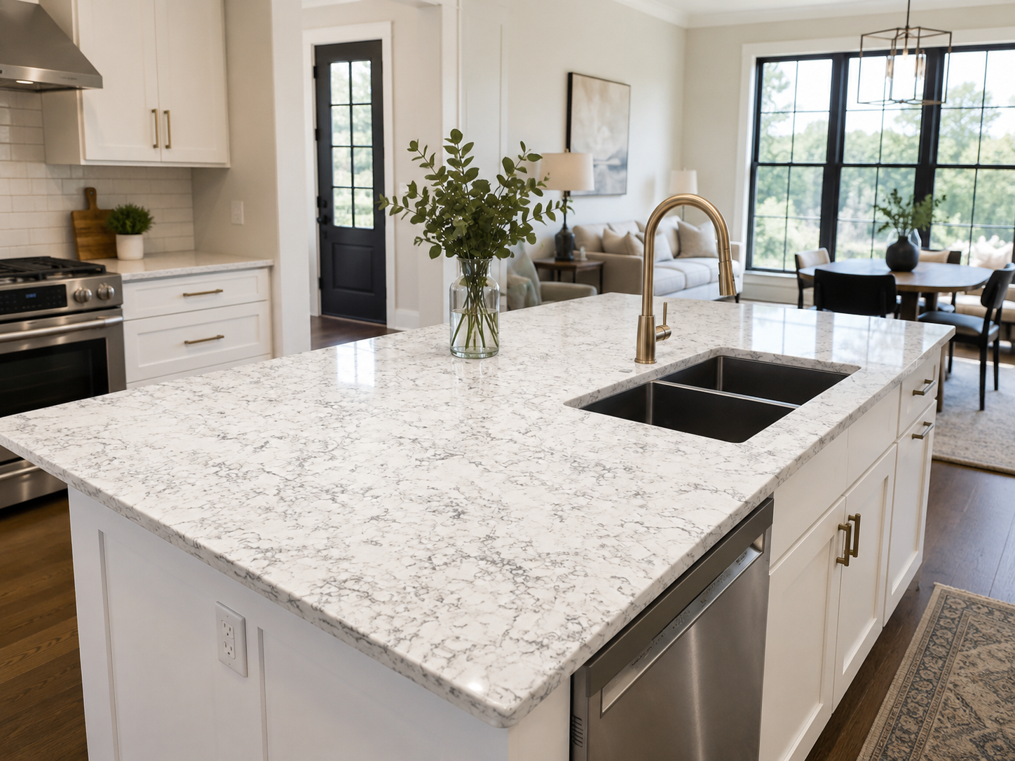 Toledo Ohio white quartz countertop installation with undermount sink and polished island